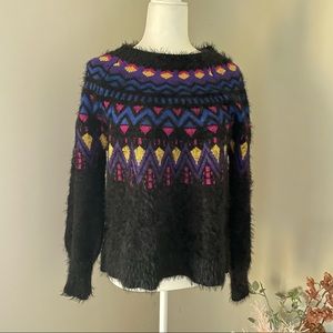 Time & True "Fair Isle" Fuzzy Sweater-Black Soot Multi Color